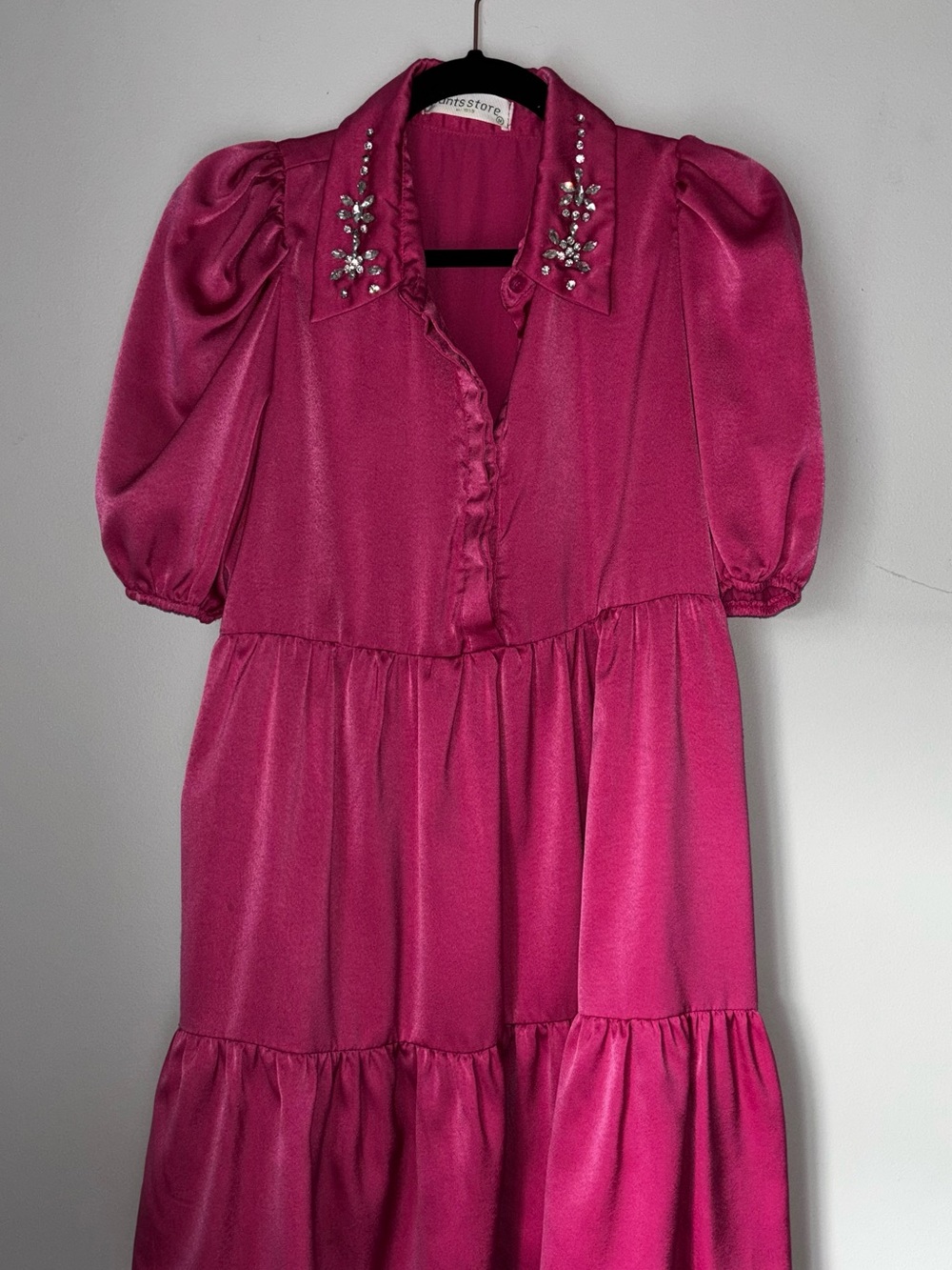 Woman’s Embellished Fuchsia Puff-Sleeve Tiered Dress “pants store”